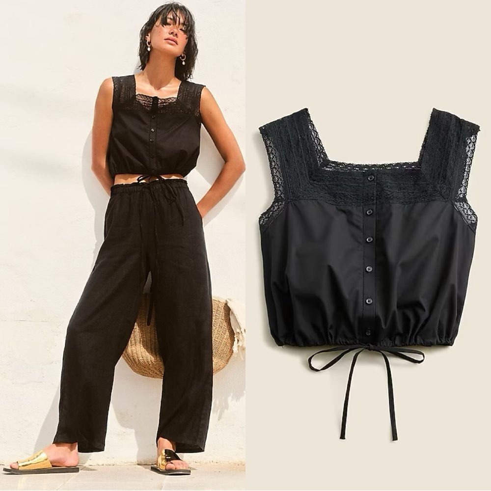 NWT J CREW Lace-trim cropped top in black